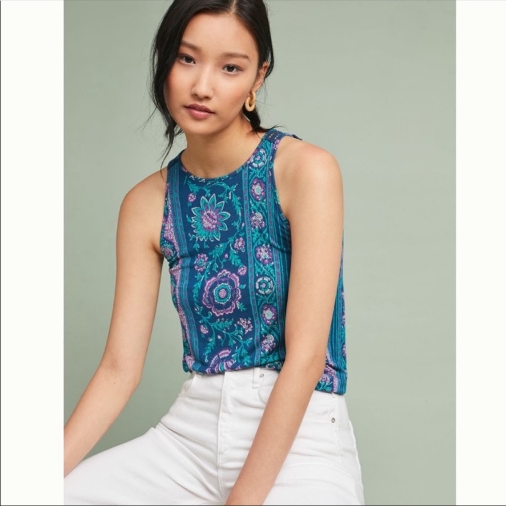 Akemi + Kin Anthropologie Epoca Blue Floral Crochet Tank Top